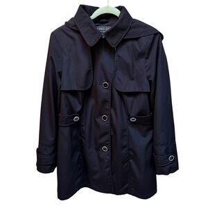 Fleet Street Hooded Rain Jacket Womens Size L Black Trench Coat